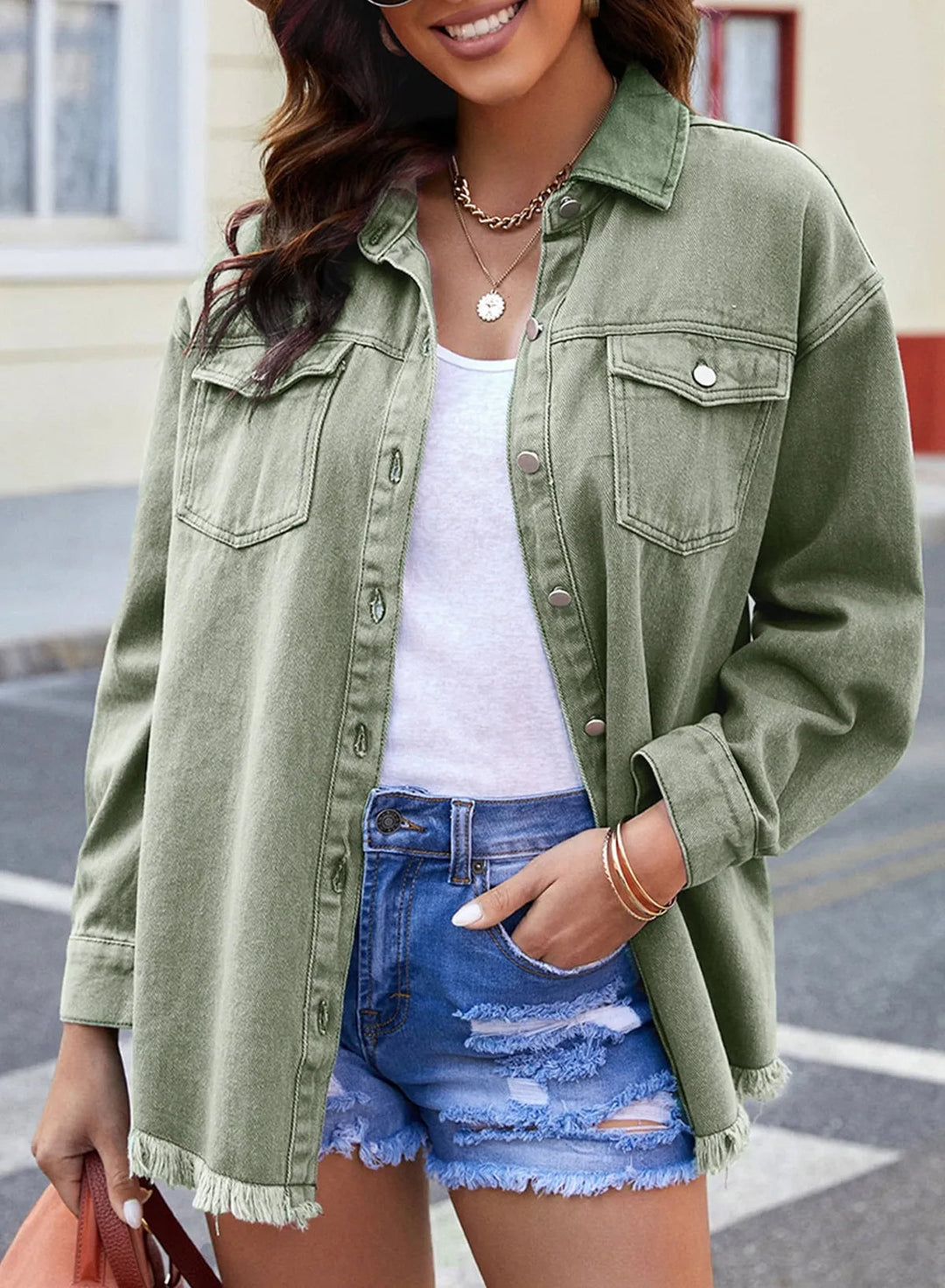 Women's Button Down Raw Edge Denim Jacket