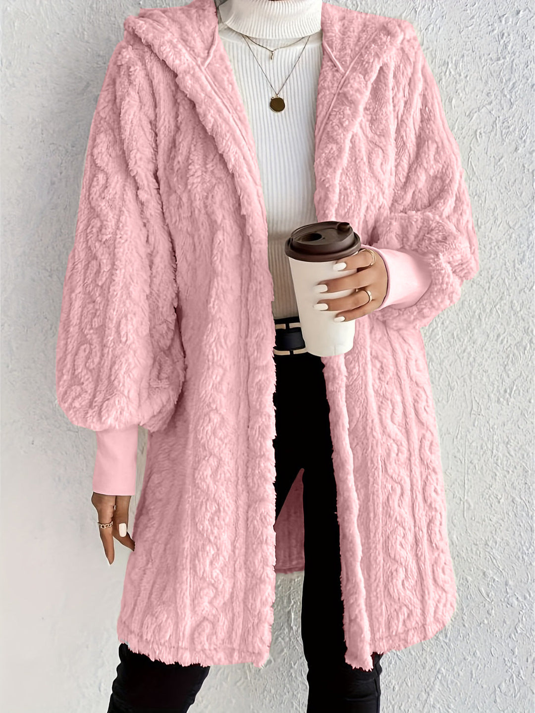 Women's Plush Fleece Soft Midi-Length Jacket with Pockets