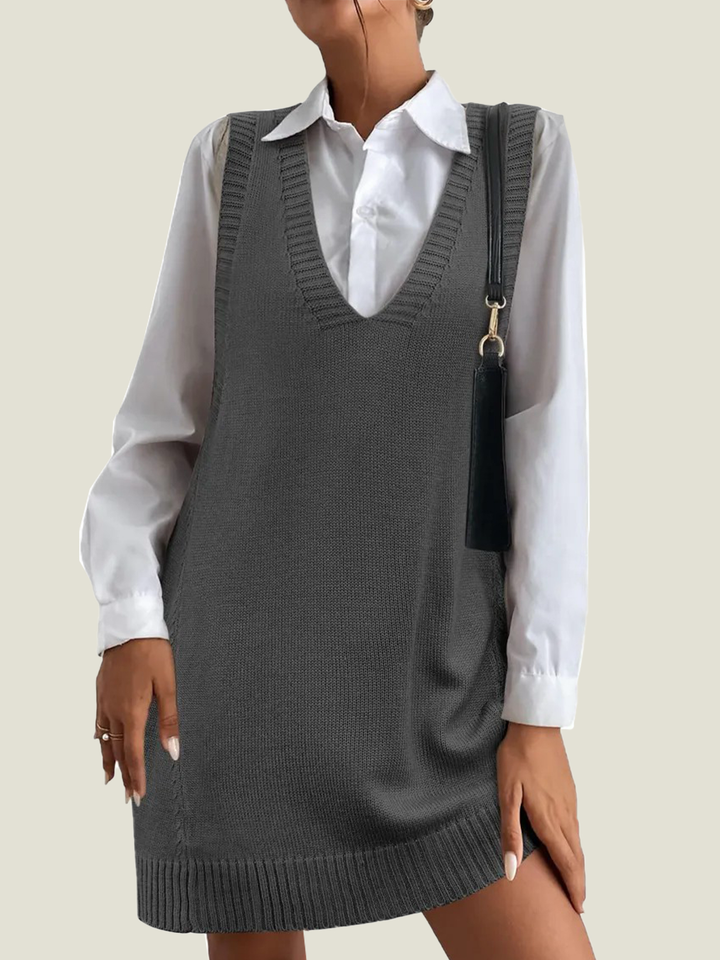 Women's V-Neck Sweater Vest Dress with Pockets