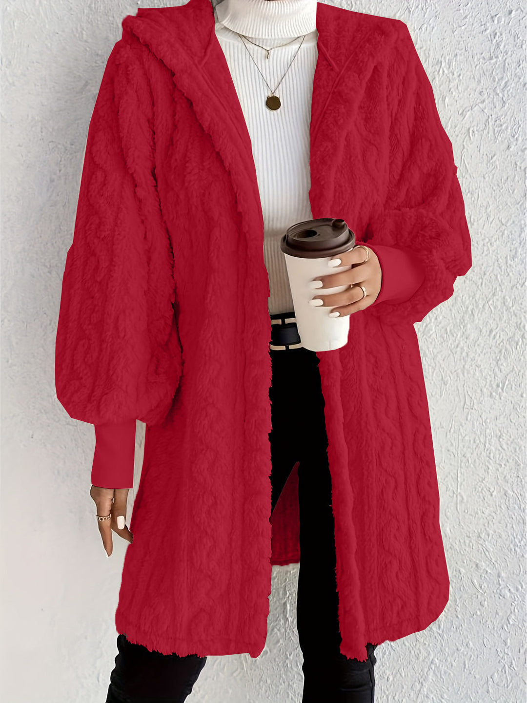 Women's Plush Fleece Soft Midi-Length Jacket with Pockets
