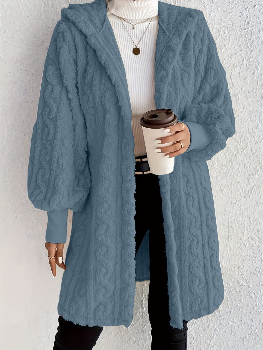 Women's Plush Fleece Soft Midi-Length Jacket with Pockets