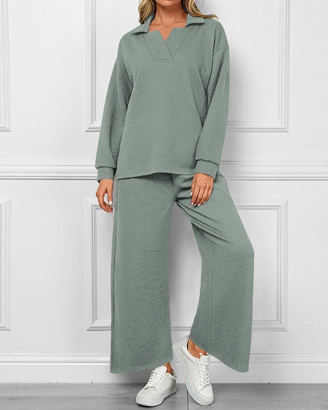 Women's Lapel V Neck Textured Lounge Sets