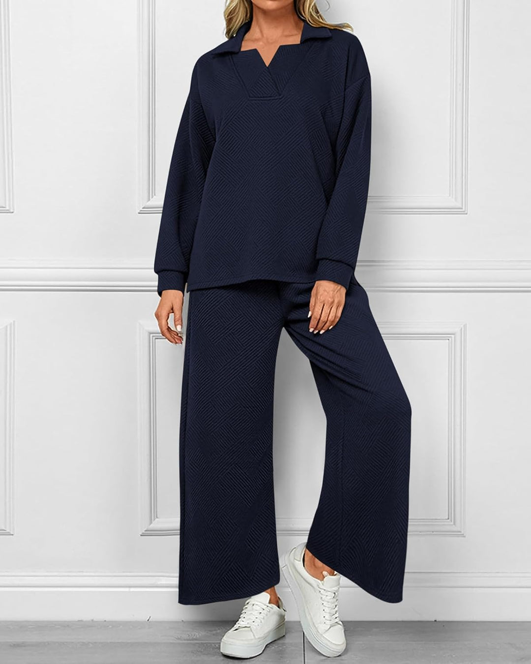 Women's Lapel V Neck Textured Lounge Sets