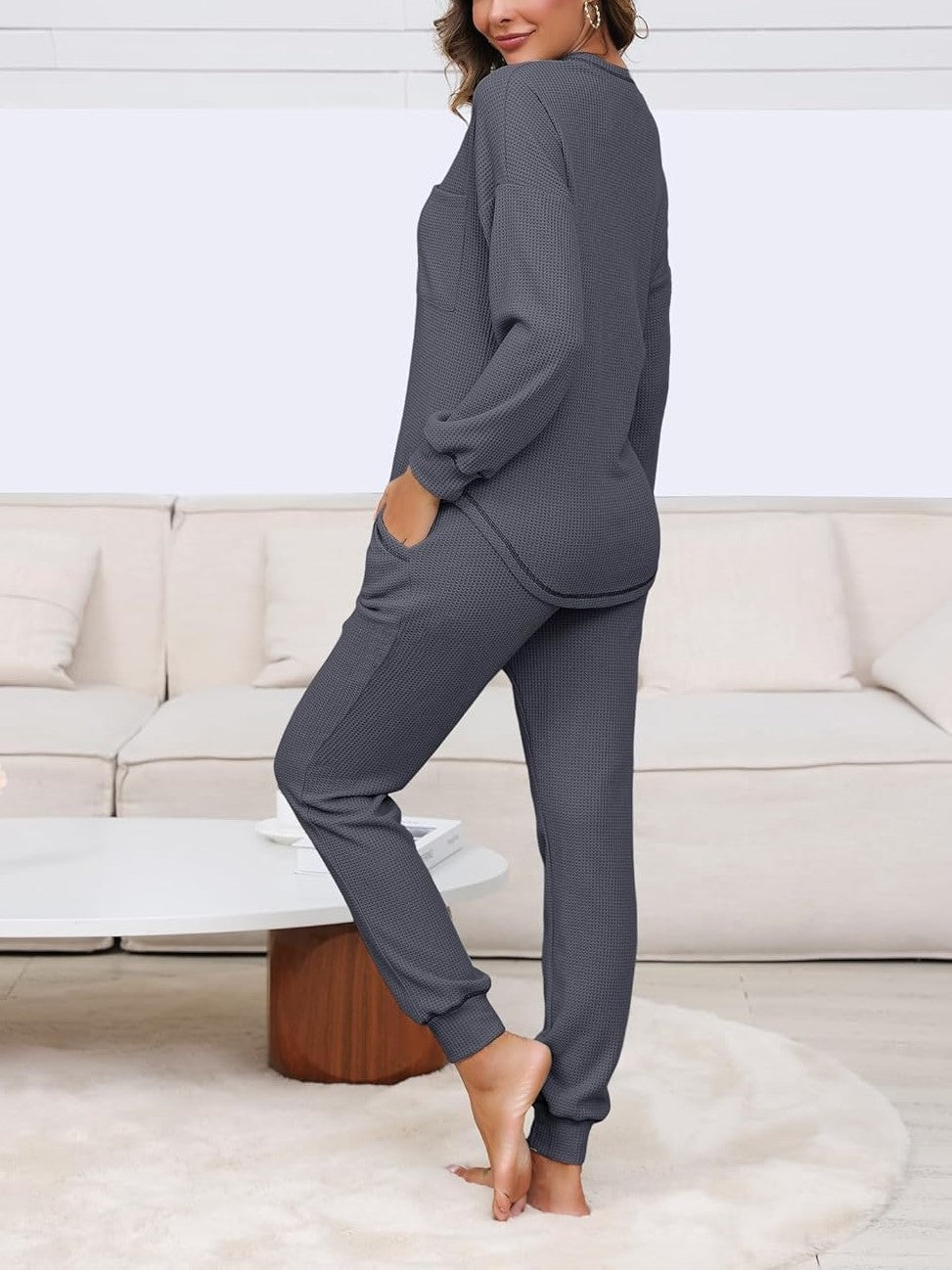 Women's V Neck Waffle Knit Two Piece Lounge Sets