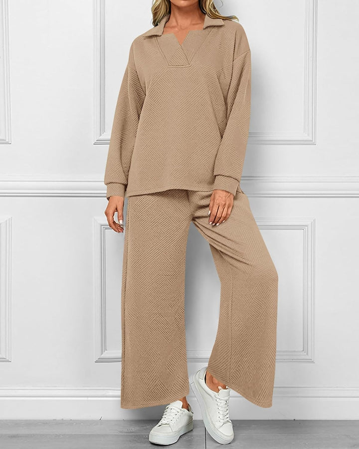 Women's Lapel V Neck Textured Lounge Sets
