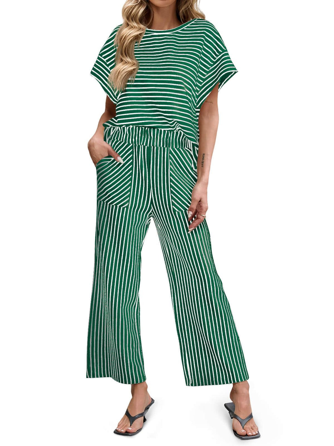Striped Short Sleeve T-Shirts Wide Leg Pants Two Piece Set (Buy 2 Free Shipping)