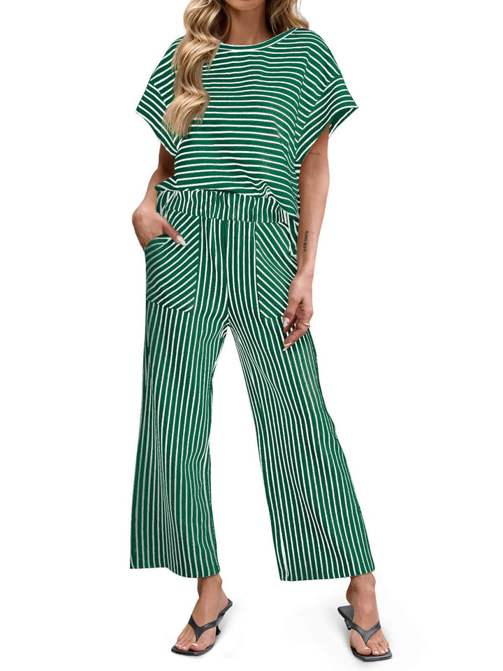 Striped Short Sleeve T-Shirts Wide Leg Pants Two Piece Set (Buy 2 Free Shipping)
