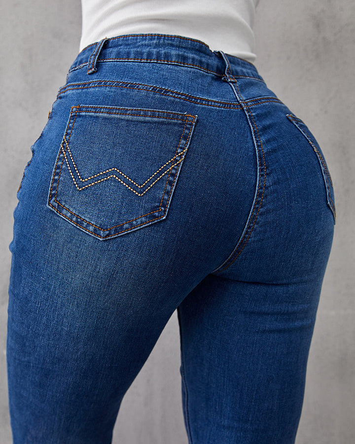 Ladies Flared High Waist Denim Button Stretch Trousers