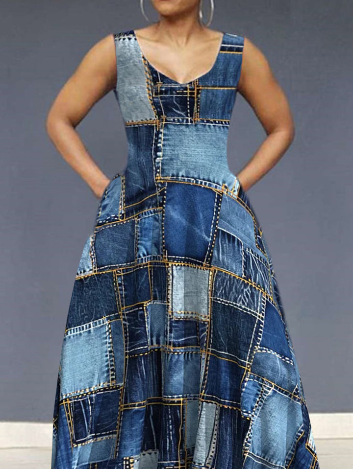 Ursime Denim Allover Pattern V Neck Sleeveless Maxi Dress