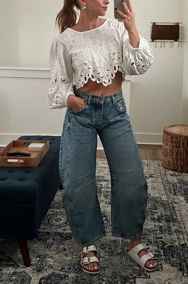 High Stretch Mid-Rise Barrel Jeans Fashion Wide Leg Shape