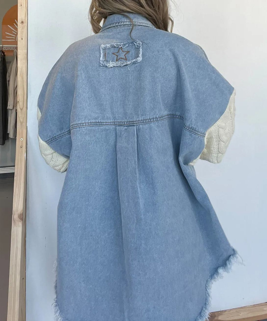 Cozy Sweater Sleeve Denim Shacket