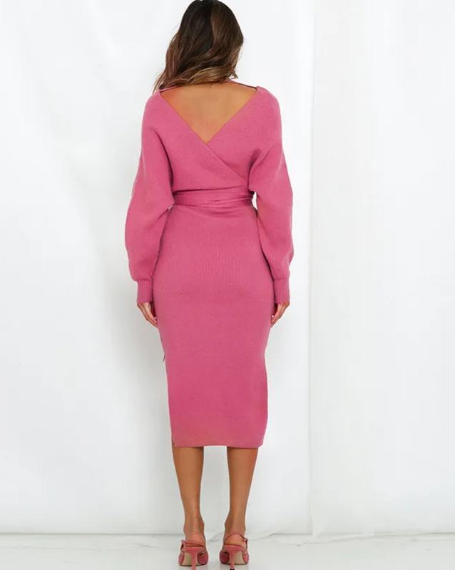 Women's Wrap V Neck Slit Sweater Dresses