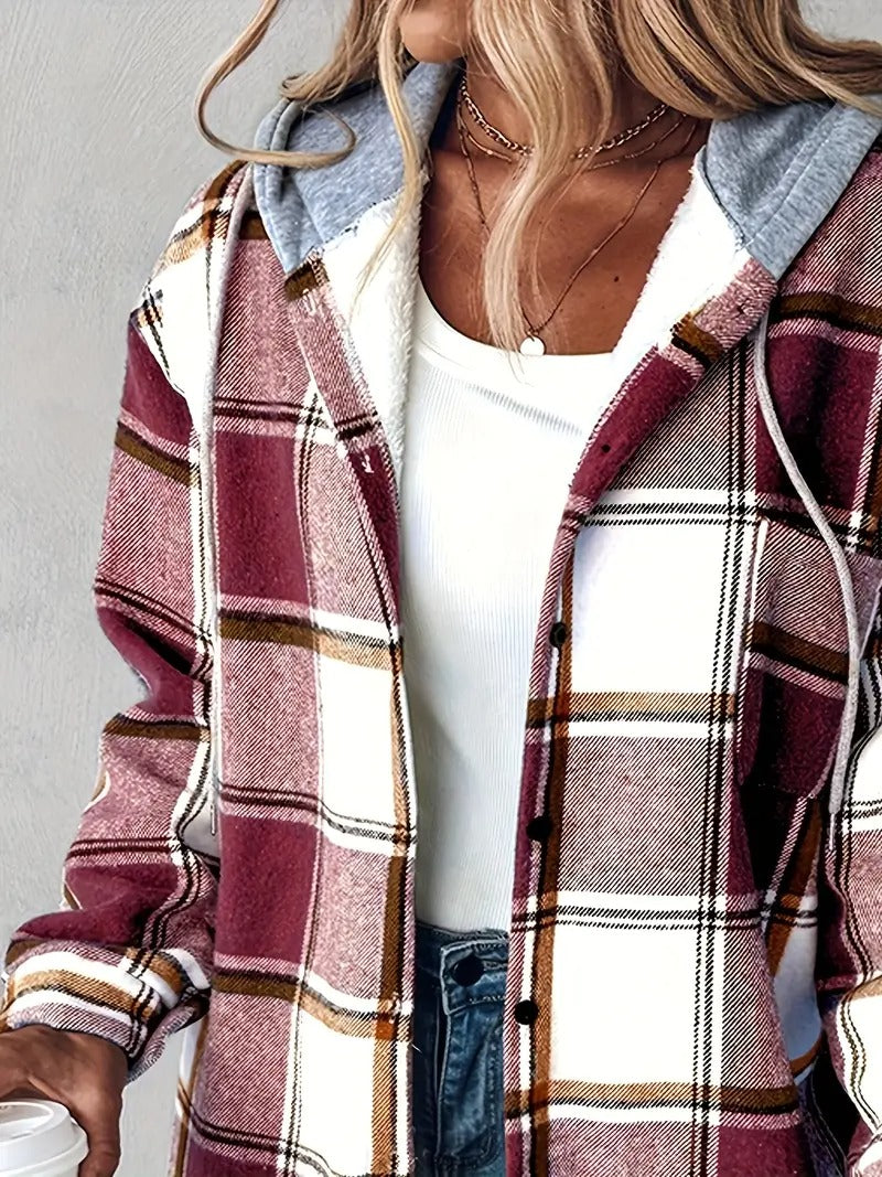 Women's Plaid Button Down Fleece Lined Hooded Jackets