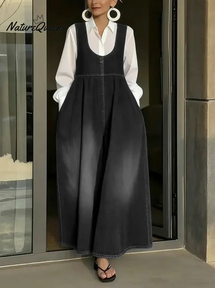 Women's U-neck Simple Sleeveless Casual Loose Denim Wide-leg Jumpsuit