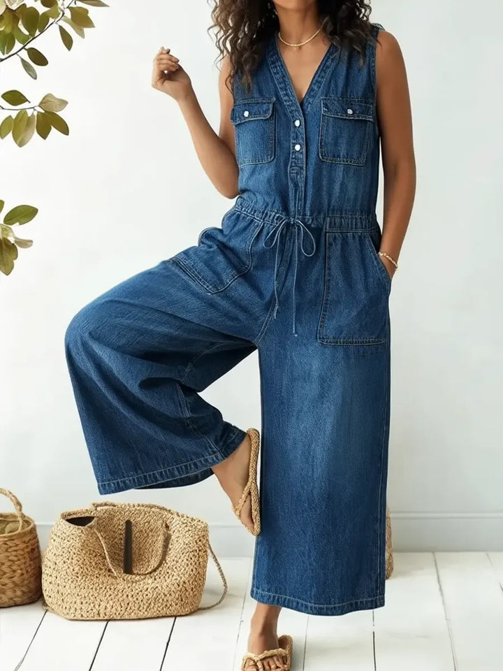 Women's Casual V-neck Belted Denim Jumpsuit