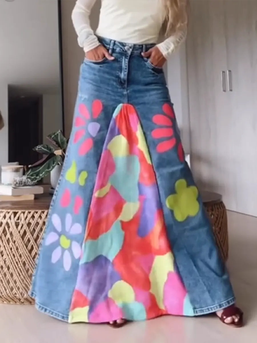 Women's Casual And Fashionable Patchwork Floral Print Denim Skirt