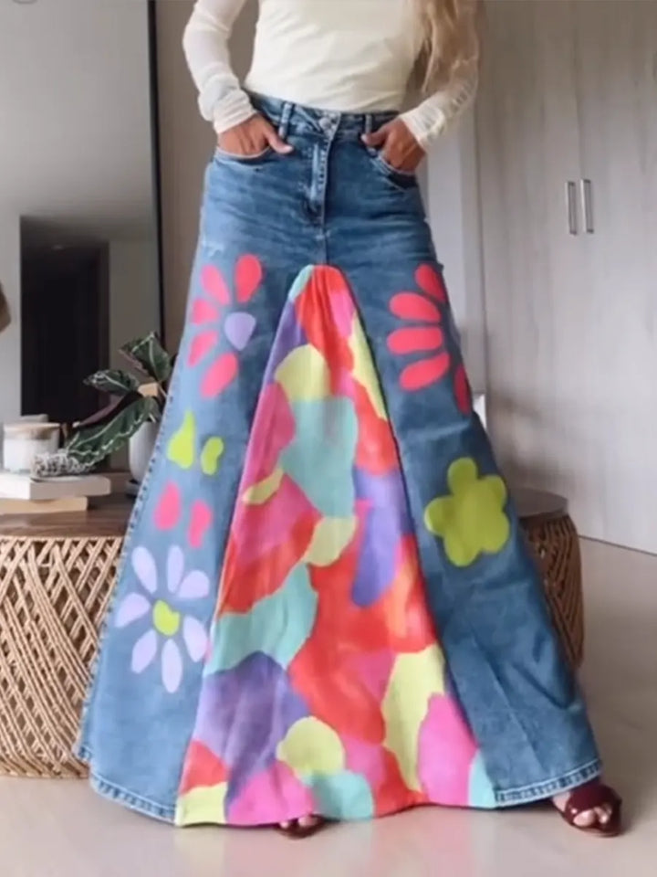 Women's Casual And Fashionable Patchwork Floral Print Denim Skirt