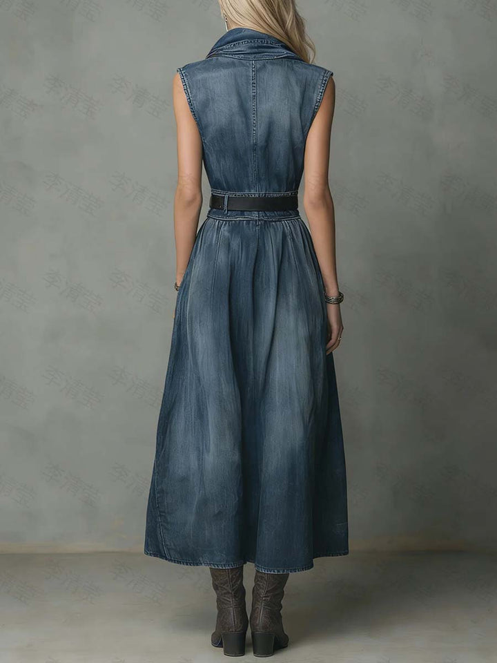 Women's Sleeveless Casual Loose Denim Dress With A Ruffled Neckline