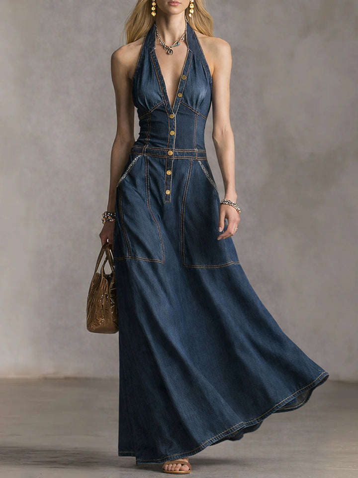 Stylish Slim Fit Sleeveless Denim Maxi Dress