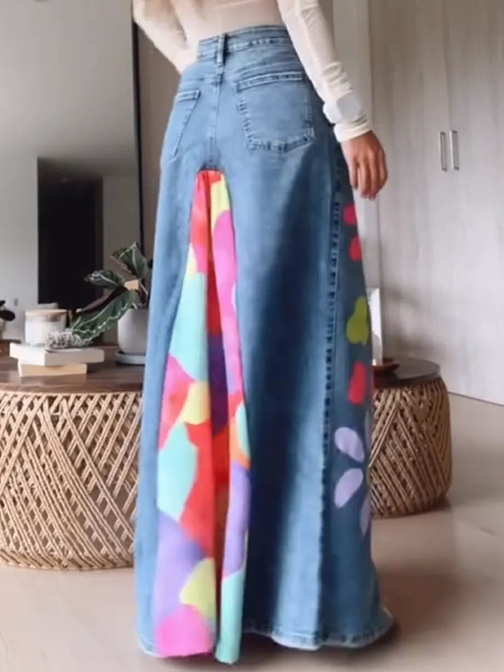 Women's Casual And Fashionable Patchwork Floral Print Denim Skirt