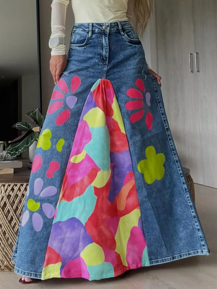 Women's Casual And Fashionable Patchwork Floral Print Denim Skirt