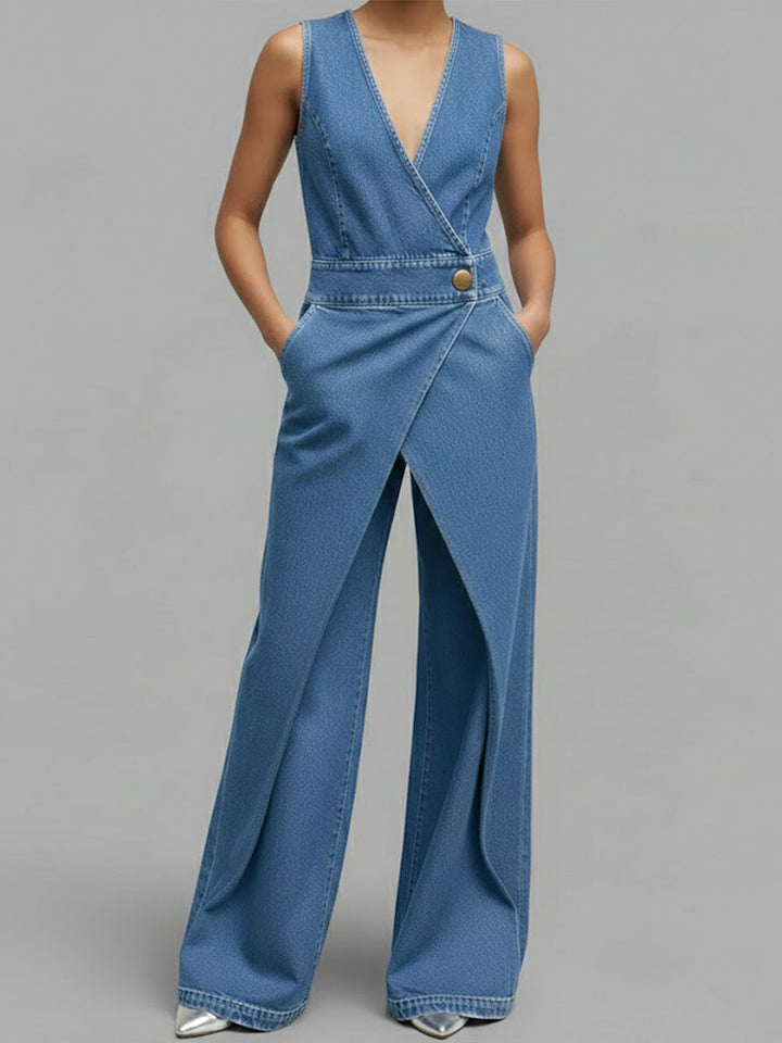 Women's V-neck Sleeveless Casual Loose Denim Wide-leg Jumpsuit