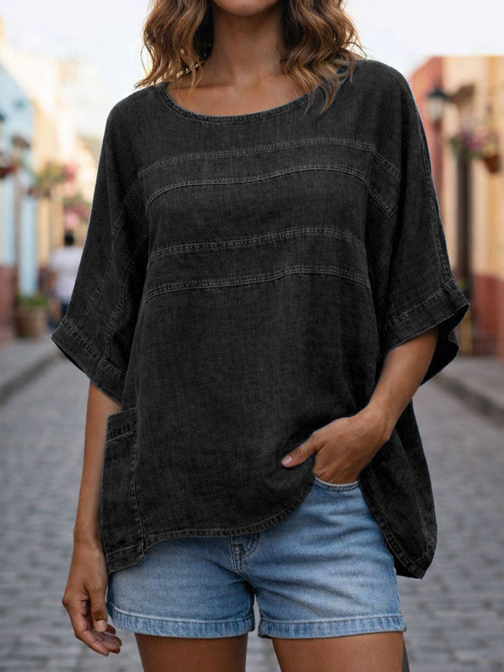 Women's Round Neck 3/4 Sleeve Casual Loose Denim Top