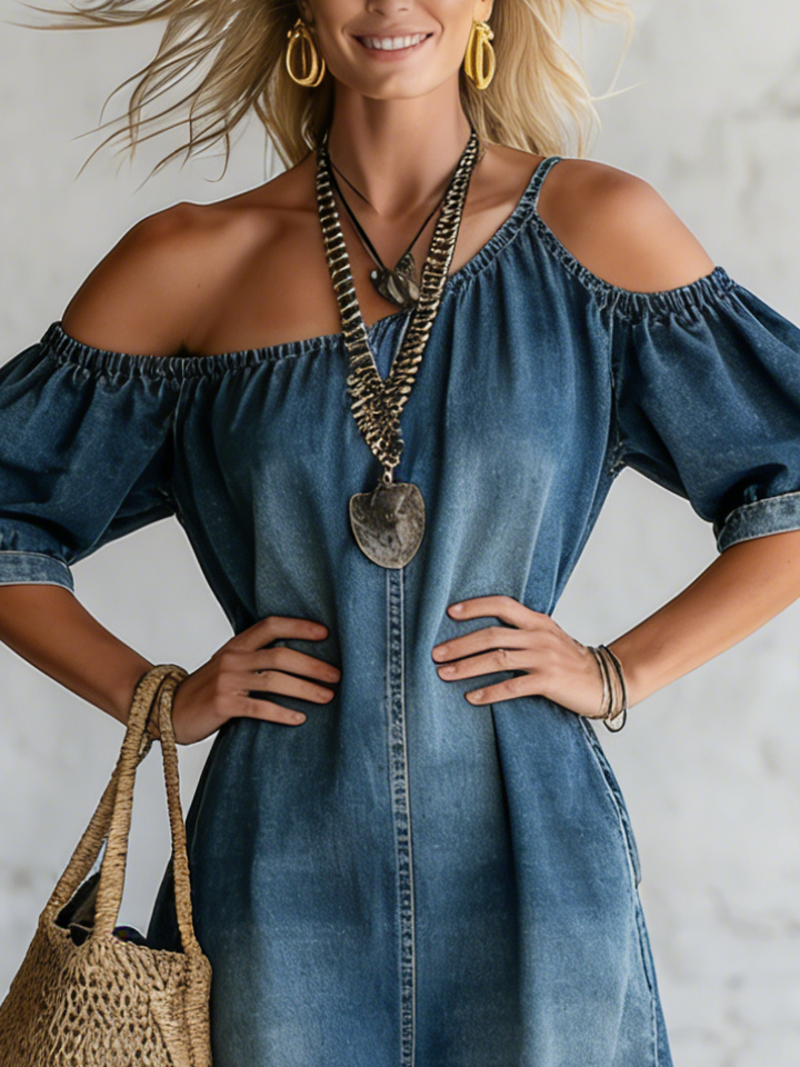 Elegant Off-shoulder Slit Hem Denim Maxi Dress