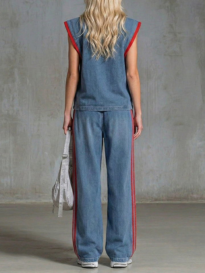 Casual Half-zip Sleeveless Denim Top And Pants Two-piece Set