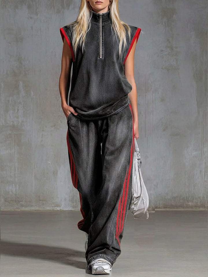 Casual Half-zip Sleeveless Denim Top And Pants Two-piece Set