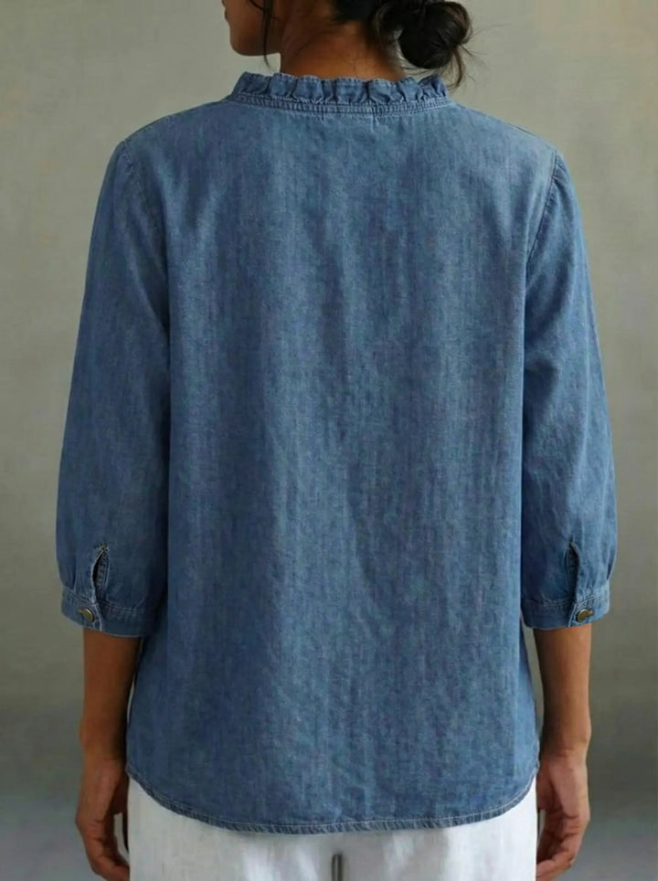 Women's Casual Denim Ruffled V-Neck 3/4 Sleeve Top