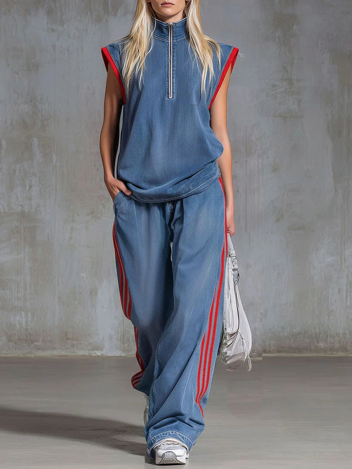 Casual Half-zip Sleeveless Denim Top And Pants Two-piece Set