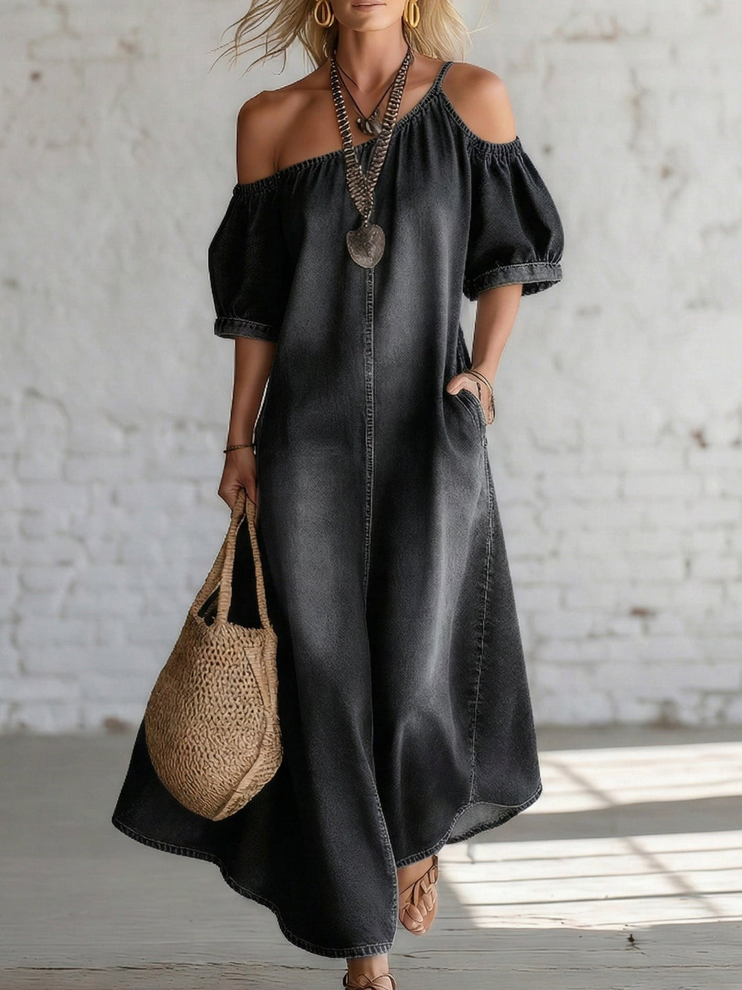 Elegant Off-shoulder Slit Hem Denim Maxi Dress