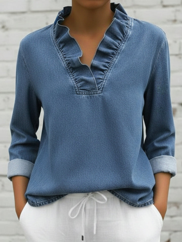 Retro Romantic Ruffled V-neck Denim Shirt