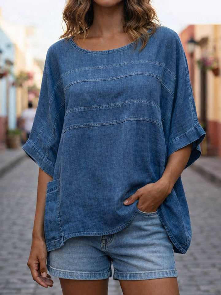 Women's Round Neck 3/4 Sleeve Casual Loose Denim Top