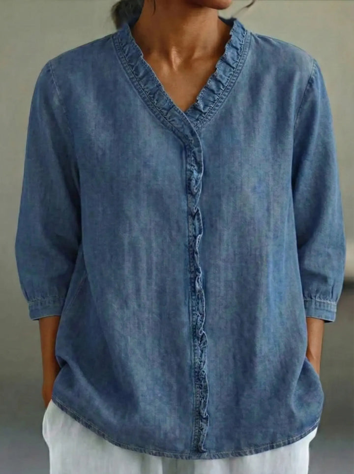 Women's Casual Denim Ruffled V-Neck 3/4 Sleeve Top