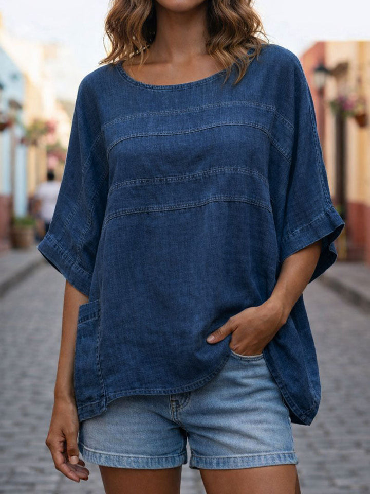 Women's Round Neck 3/4 Sleeve Casual Loose Denim Top