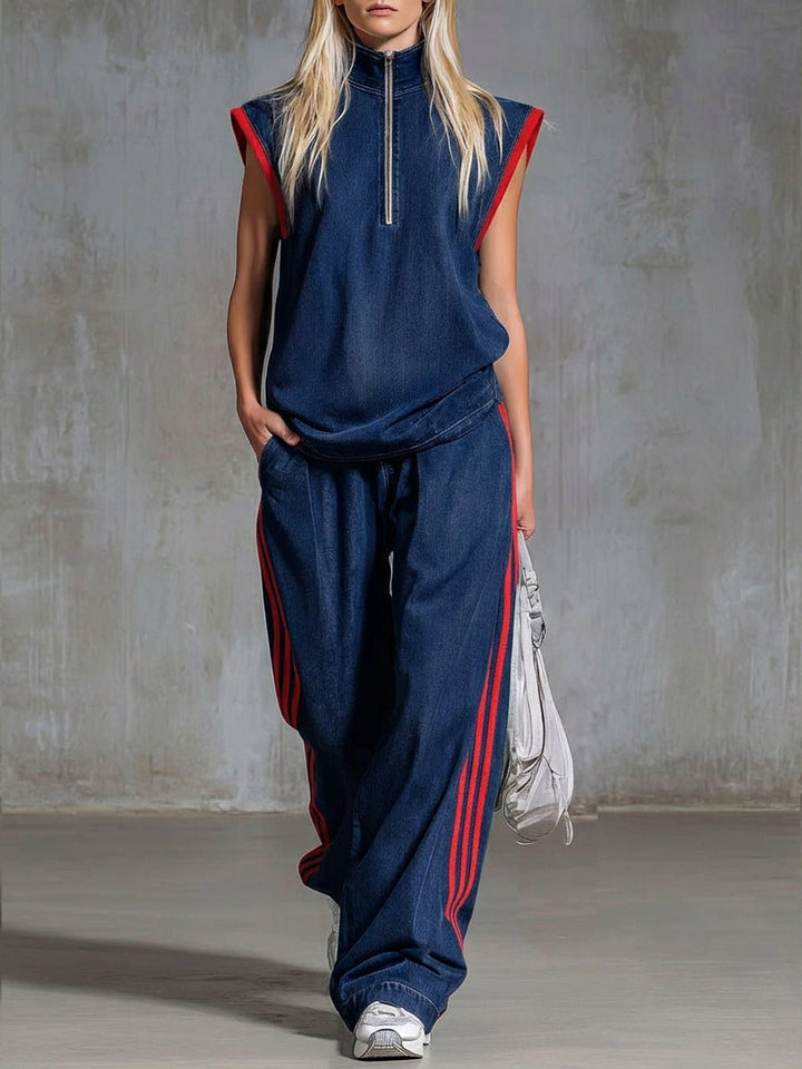 Casual Half-zip Sleeveless Denim Top And Pants Two-piece Set