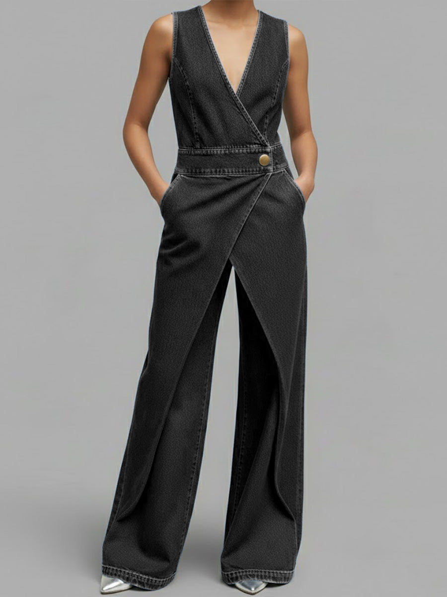 Women's V-neck Sleeveless Casual Loose Denim Wide-leg Jumpsuit