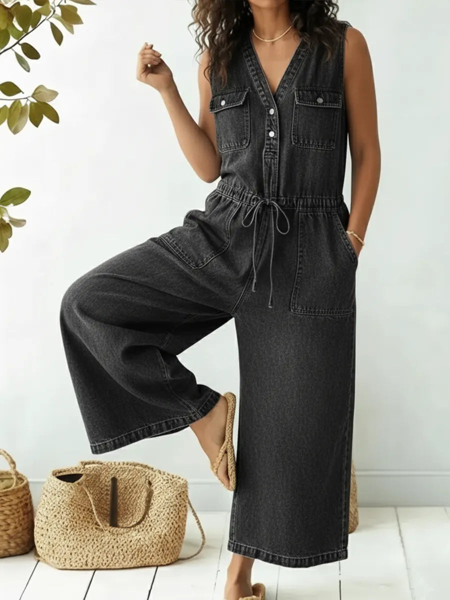 Women's Casual V-neck Belted Denim Jumpsuit