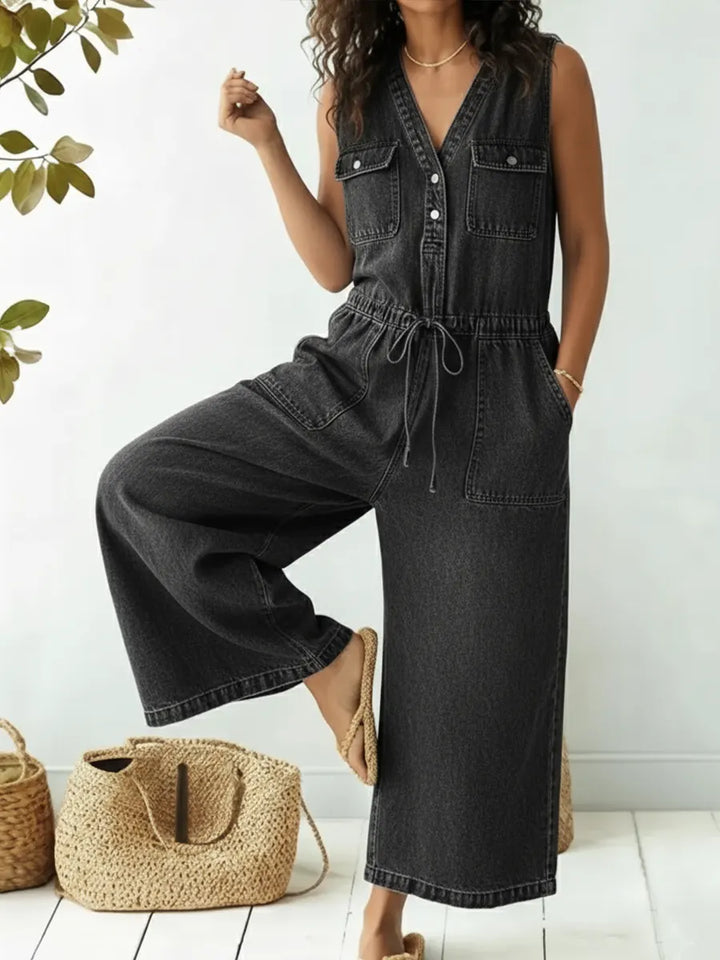 Women's Casual V-neck Belted Denim Jumpsuit